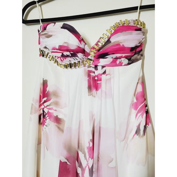 VTG Cache Dress Womens 0 Floral Print Evening Gown Prom Formal Strapless White - Picture 2 of 11